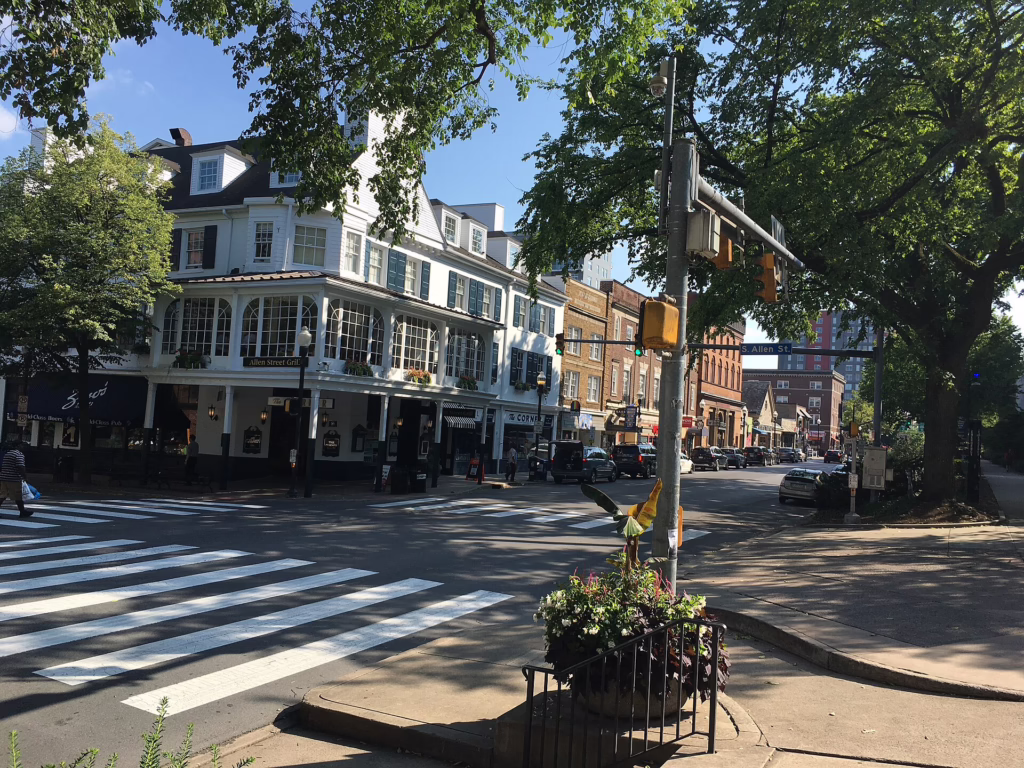 College Avenue and Allen Street in downtown State College, by the Allen Street Gates